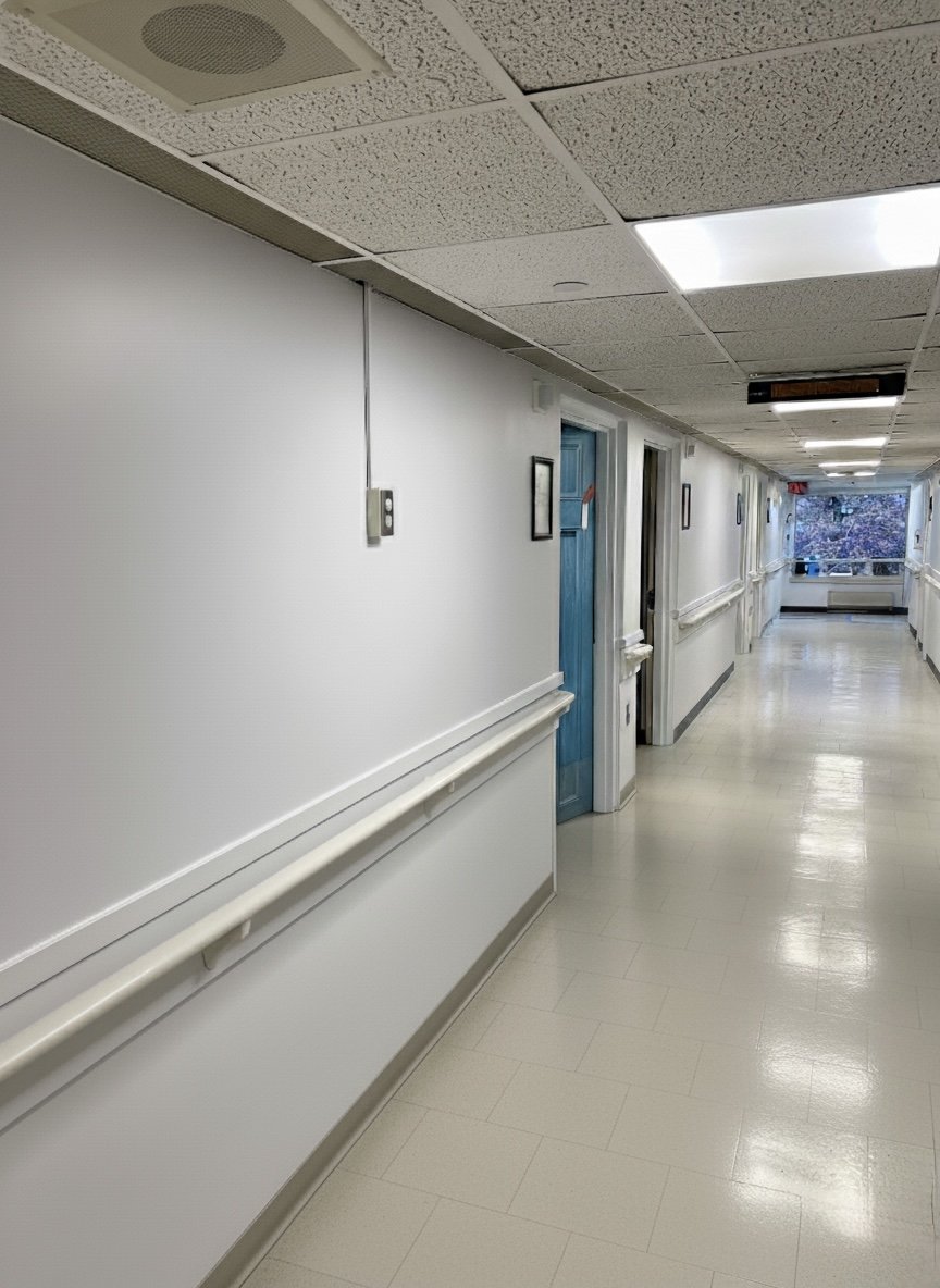 Empty hospital corridor with white walls, a beige tiled floor, and ceiling with fluorescent lights and acoustic tiles. Several doors are visible along the hallway, some with framed pictures or signs. There is a window at the end showing trees outside.