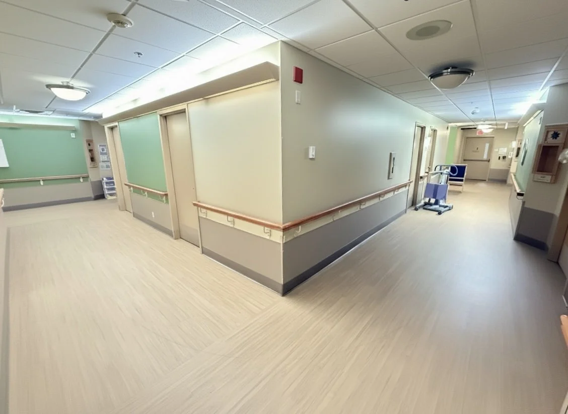 Empty nursing home corridor with light-colored walls, ceiling, and flooring, featuring elevator doors on the left and a blue wheelchair on the right.