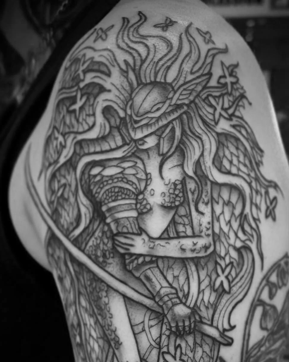 Black ink tattoo of Malenia, the Goddess of Rot, from Elden Ring.