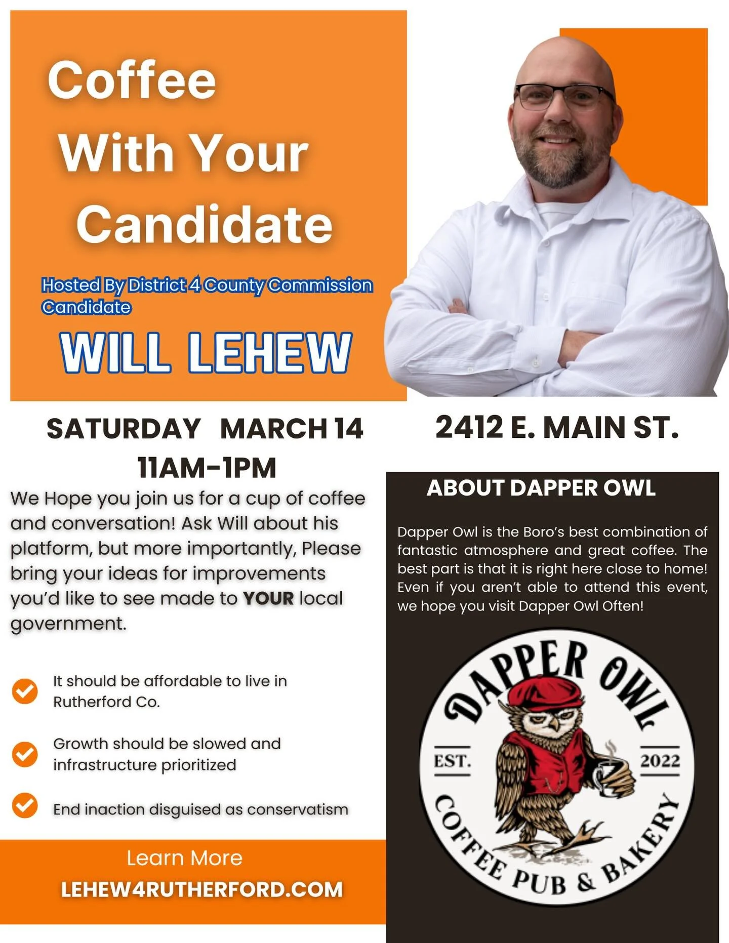 Yall come out and have a cup of coffee with me!  @dapperowltn @tndems @rcdp4tn #local #localpolitics #runforsomething March 14th!