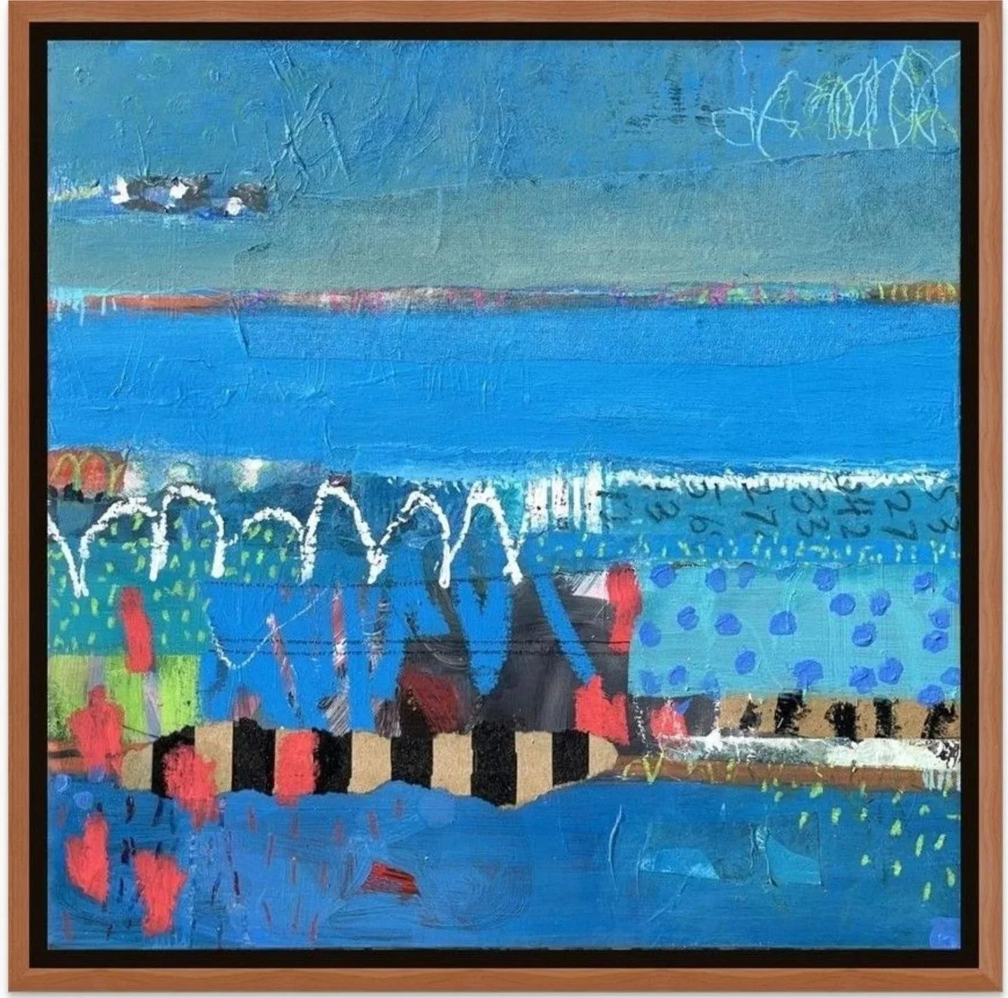 'Stripey Towels and Summer Fun' - Acrylic and Mixed Media on Cradled Wood Panel - 12 inches x 12 inches x 1.5 inches