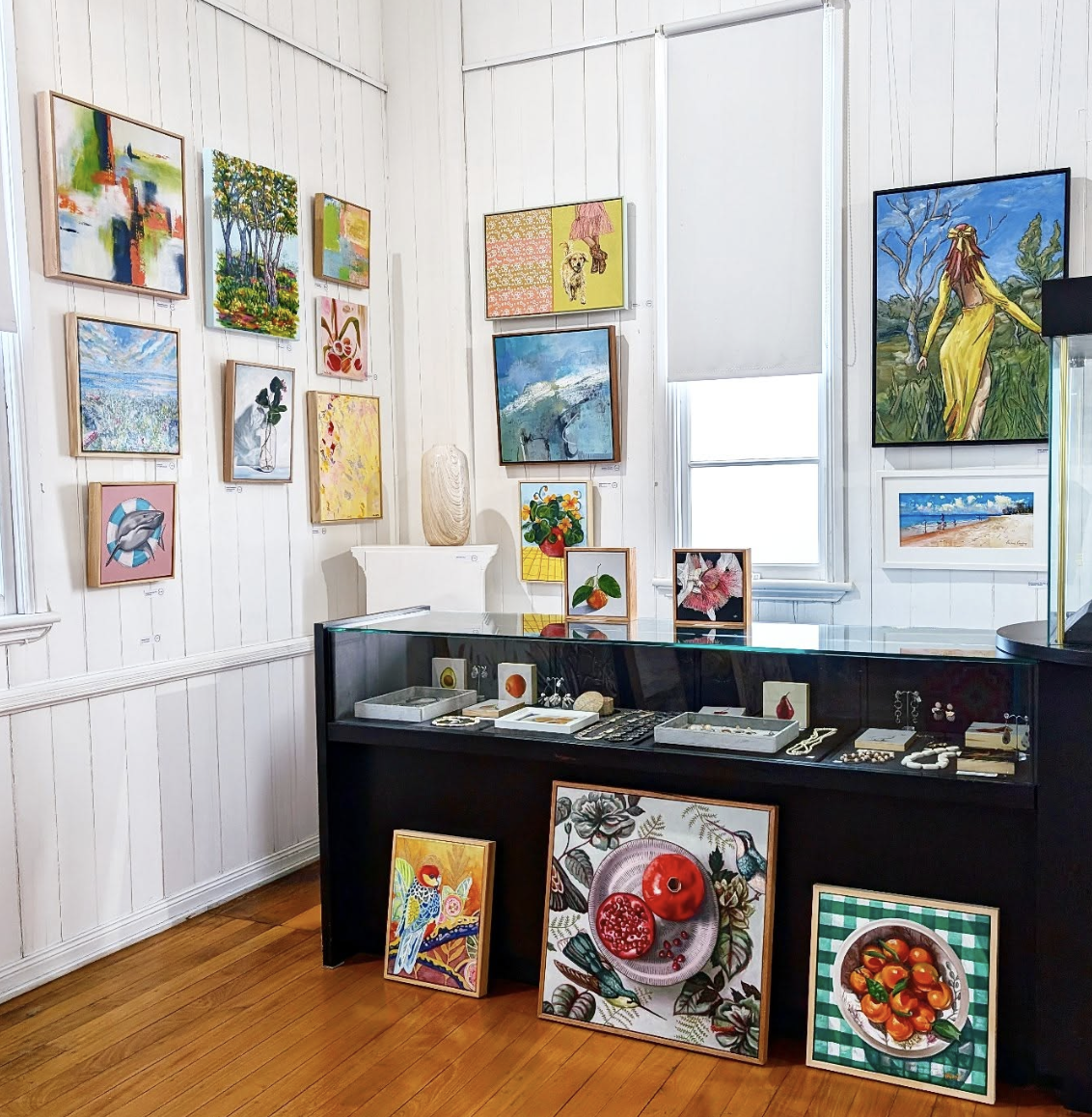 Abstract acrylic painting by Felicity Rutherford displayed in an Australian art gallery.