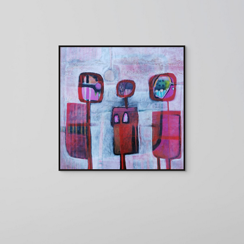 Abstract painting with geometric shapes in red, pink, purple, and blue hues on a white background.