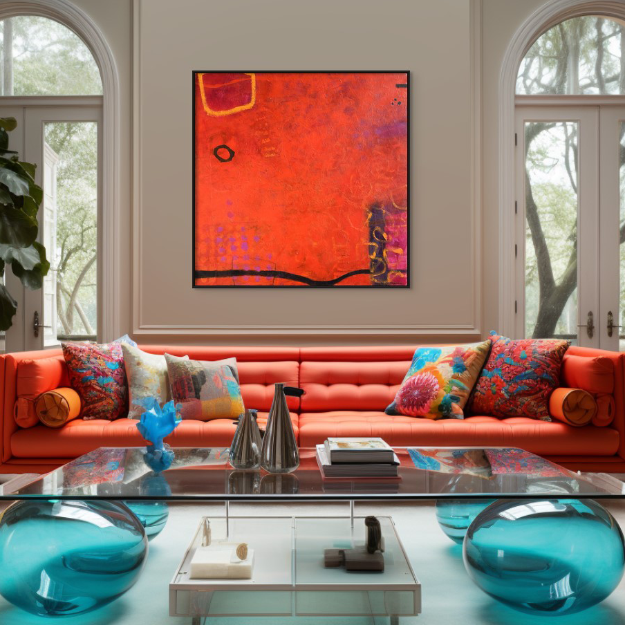Living room with bright coral sofa, colorful pillows, glass coffee table with blue vases, modern artwork on the wall, and large windows with views of trees.