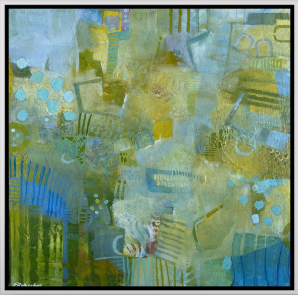 Abstract painting with blue, yellow, green, and neutral tones, featuring geometric and organic shapes, lines, and patterns.