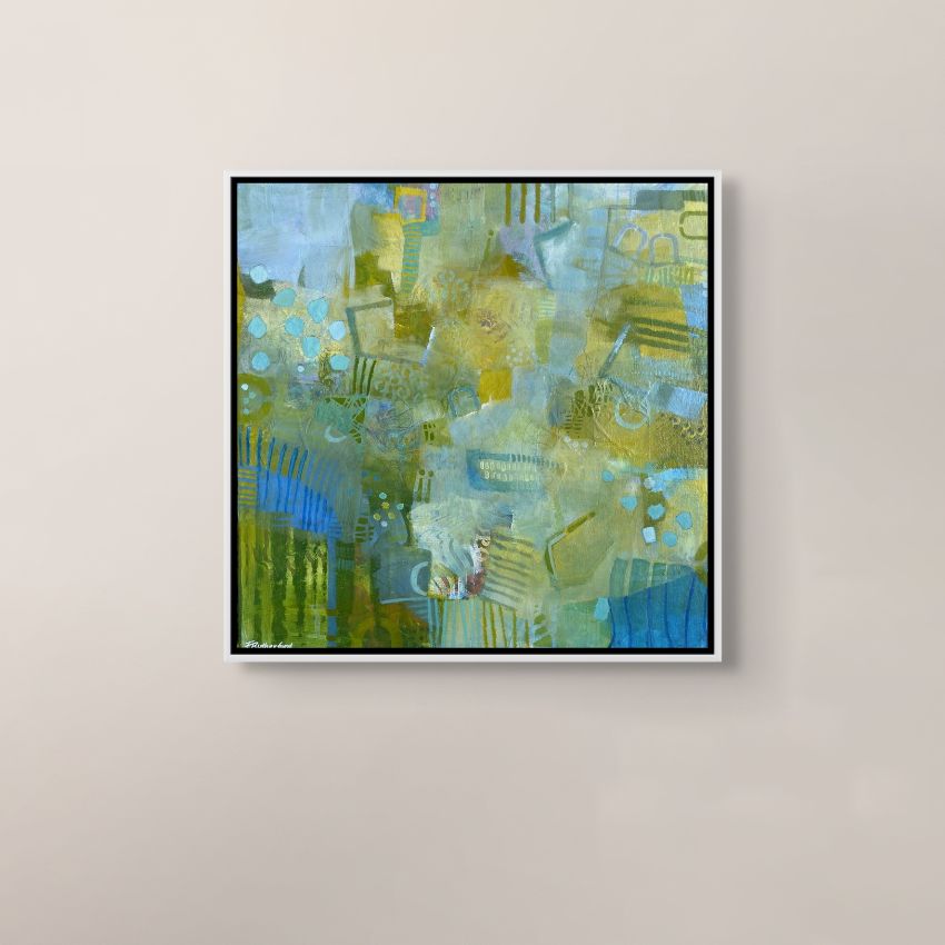 Abstract painting with blue, green, and yellow hues, featuring geometric and textured patterns.