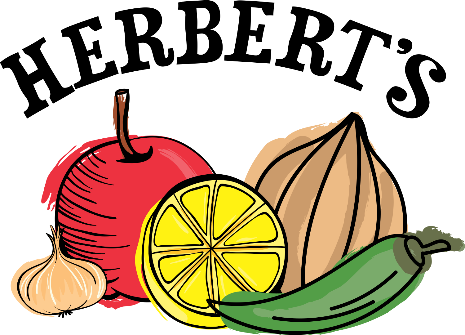 Illustration of a tomato, lemon, garlic, onion, zucchini, and a red onion.