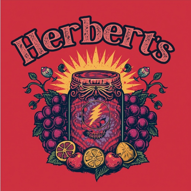 A Herbie's logo featuring a purple jam jar with a lightning bolt, surrounded by purple grapes and citrus slices, on a red background.