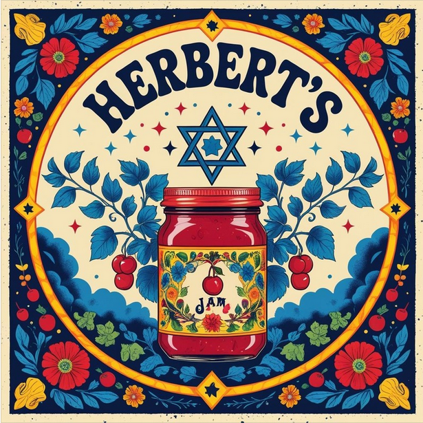 Colorful illustration of a jar of cherry jam surrounded by floral and leaf patterns, with the text 'Herbert's' above and a Star of David symbol.