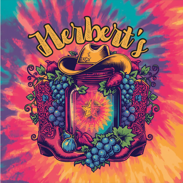 Colorful graphic design with the words 'Herbert's', a cowboy hat, grapes, carrots, a star emblem on a jam jar, and decorative vines on a vibrant tie-dye background.