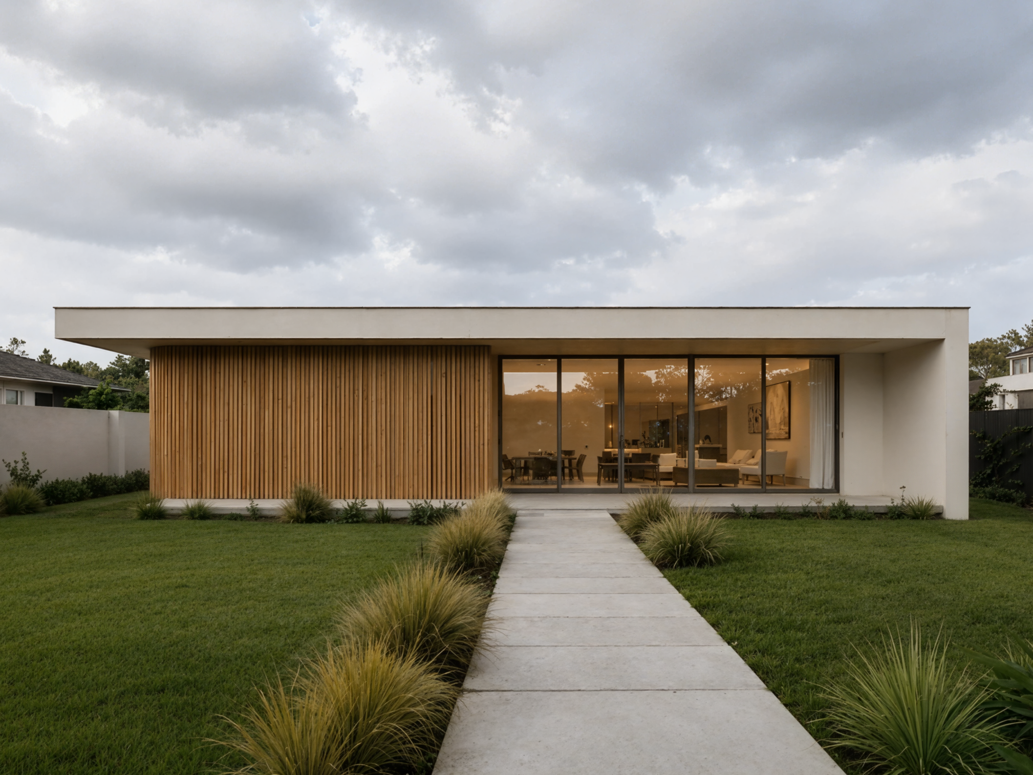 Modern single storey granny flat (second small dwelling) with render and timber battens, siding exterior, wooden front doors, and a well-maintained front yard with small trees and bushes, driveway