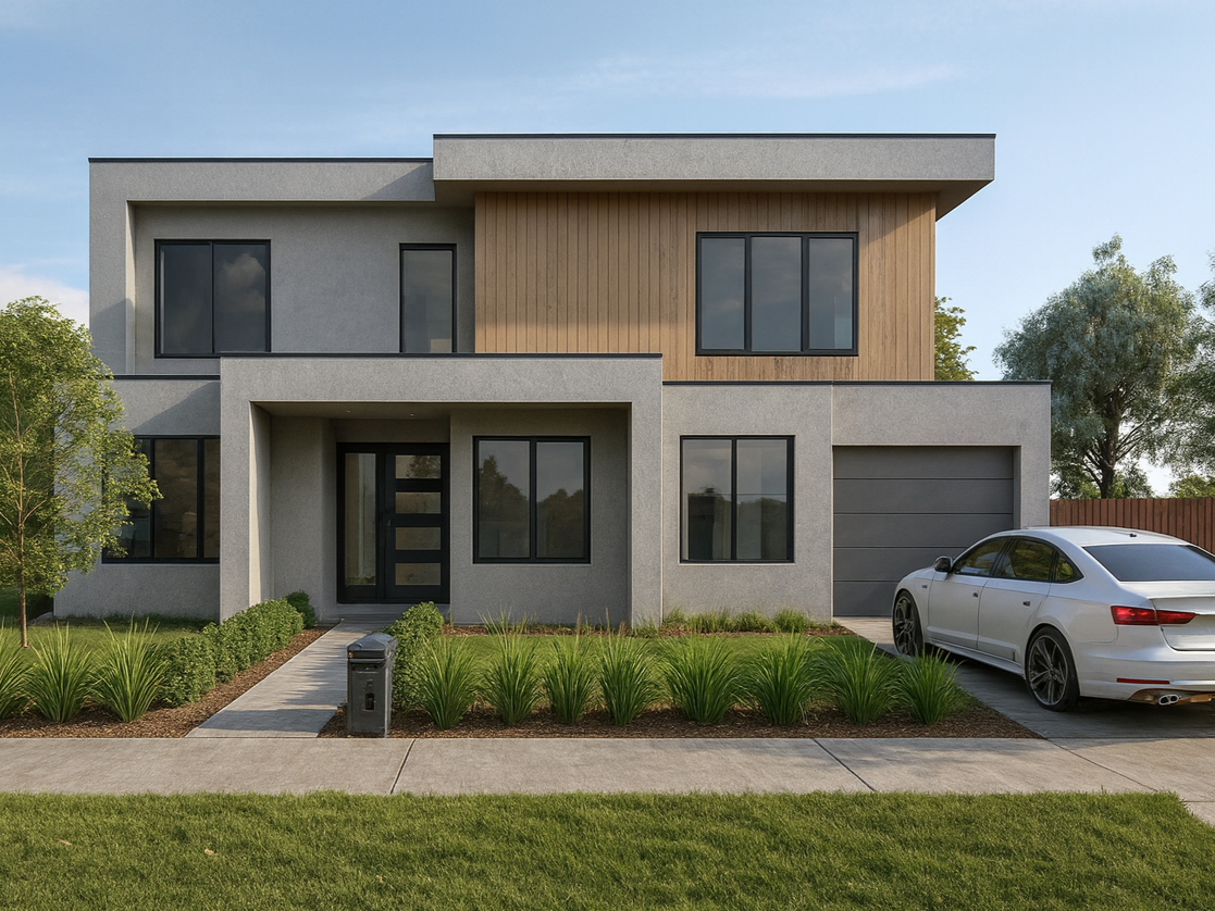 Modern two-story house with gray and wood exterior, large windows, a front porch, a driveway with a white car parked, and well-maintained lawn and bushes.