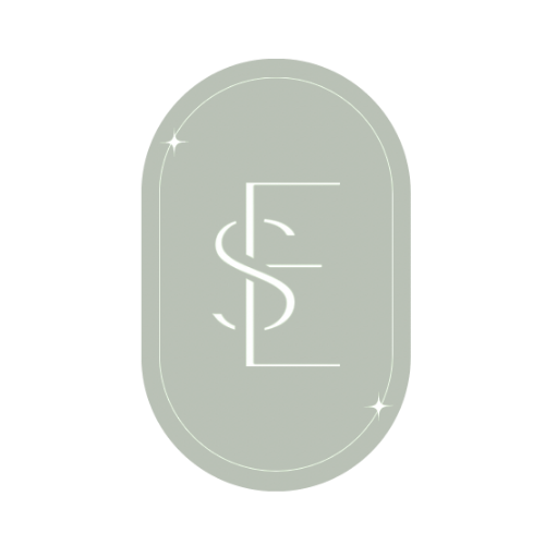 Gray oval-shaped badge with white stylized letter 'S' and ME in the center, accented with small sparkling stars.