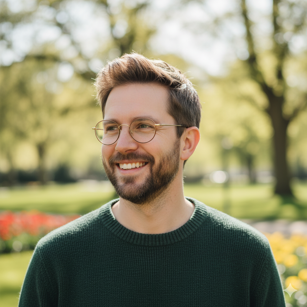 A smiling man with glasses and a beard wearing a green sweater outdoors in a park with trees and flowers in the background.