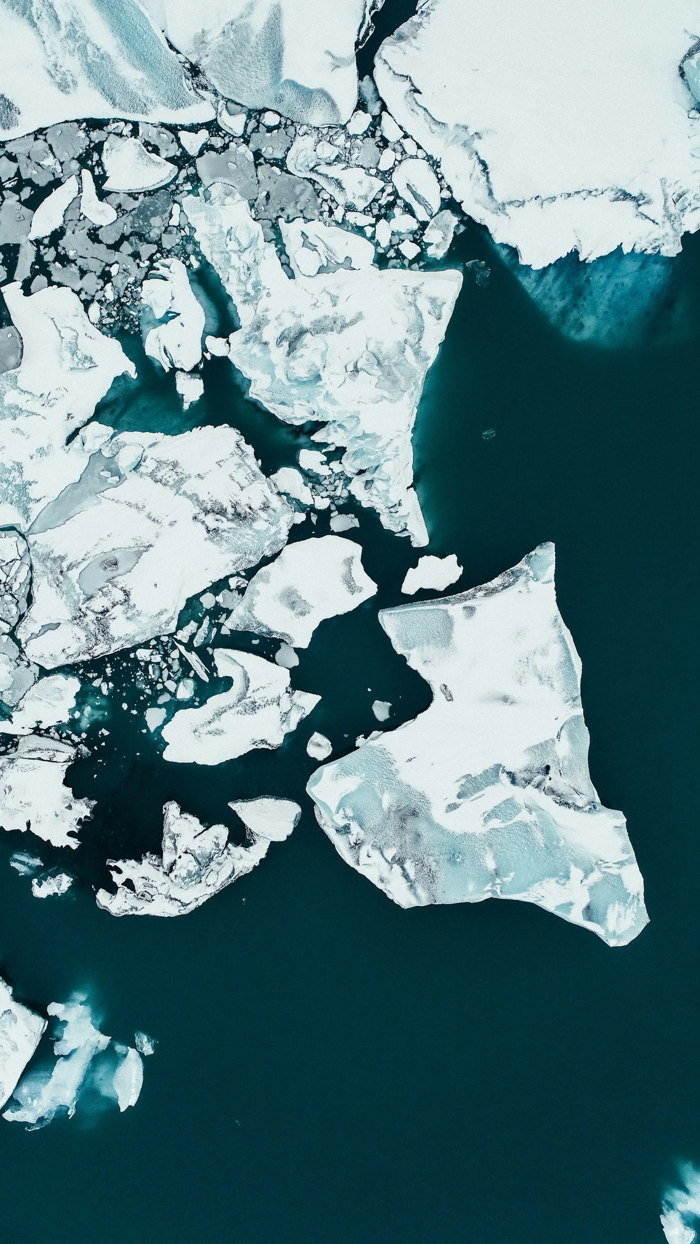 Aerial view of melting icebergs and sea in an icy polar region.