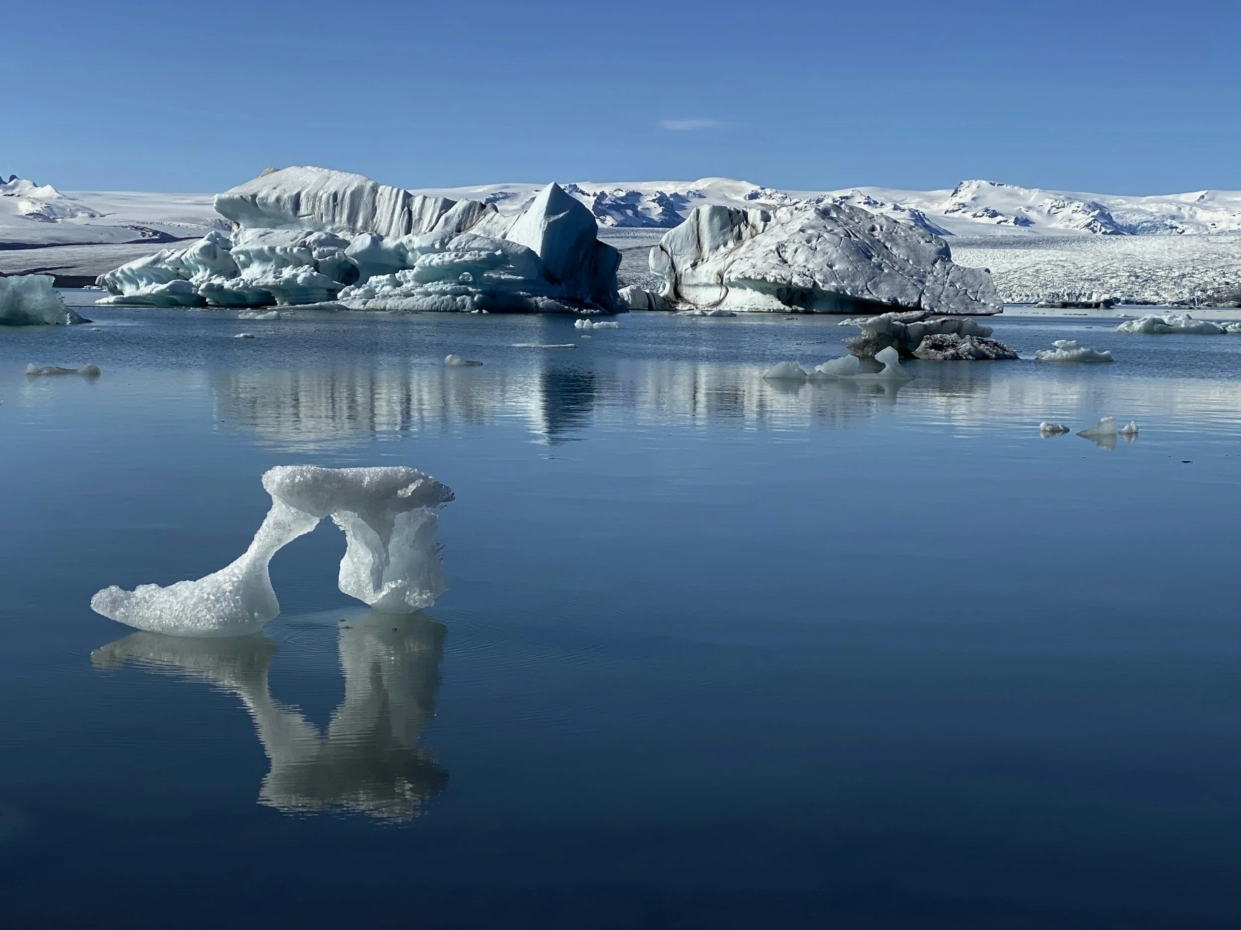 Icebergs floating in calm, reflective water with snow-covered mountains and glaciers in the background under a clear blue sky.