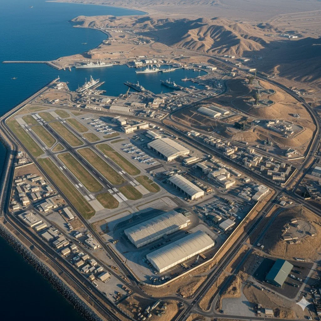 Aerial view of a naval base with runways, aircraft hangars, submarines, ships, and surrounding infrastructure near a coastline and mountainous terrain.