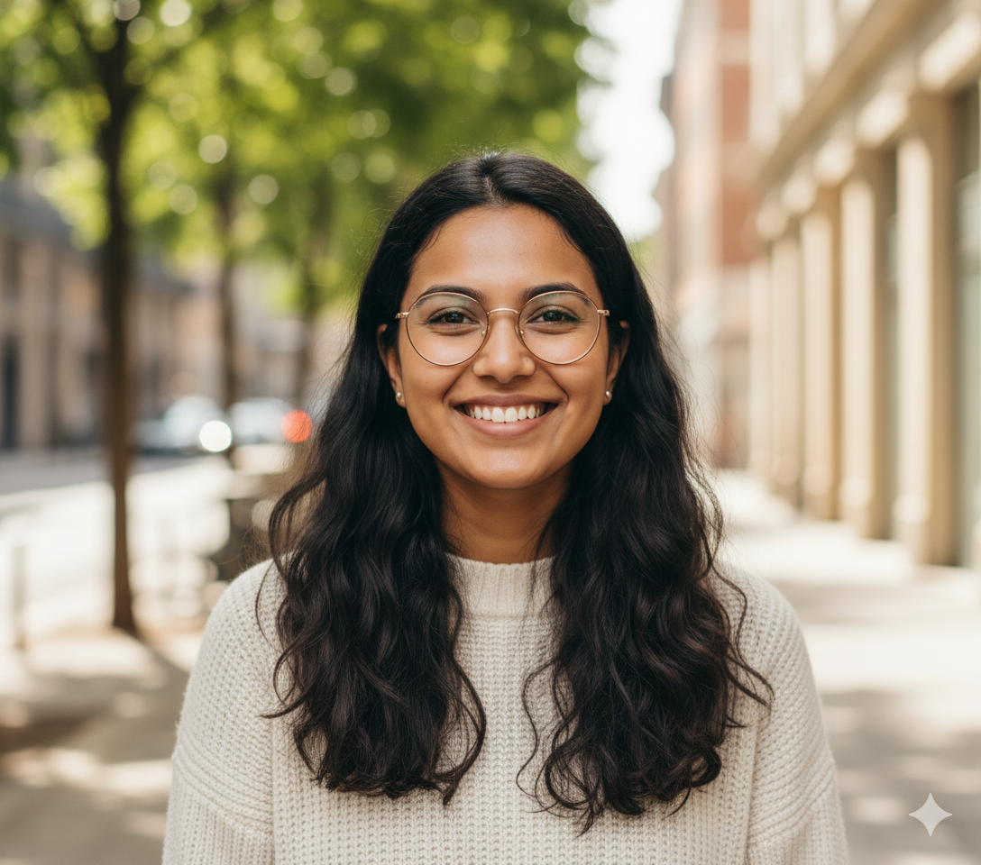 Young woman with long dark curly hair, glasses, and a white knit sweater smiling outdoors on a sunny day, blurred city street background with trees and buildings.
