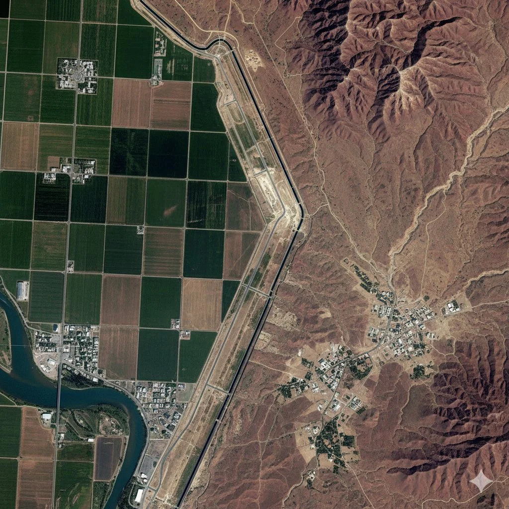 A satellite view shows a landscape with agricultural fields, a river, and a small town on the left side, with a large mountain range on the right side, and a large diagonal structure crossing the landscape.