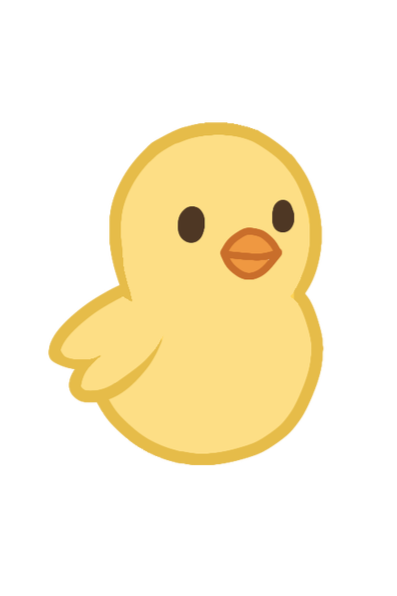 Cute yellow cartoon duck with orange beak and black eyes.