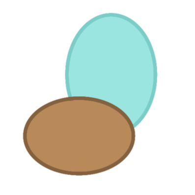 An illustration of a brown egg and a light blue egg behind it, with measurement lines indicating height and width.