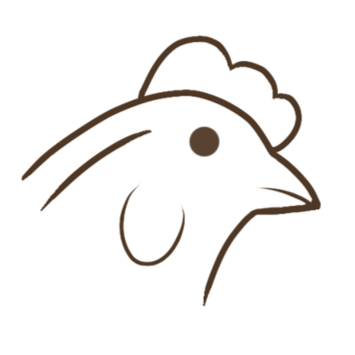 Line drawing of a chicken's head in profile view, featuring a comb, eye, beak, and wattle.