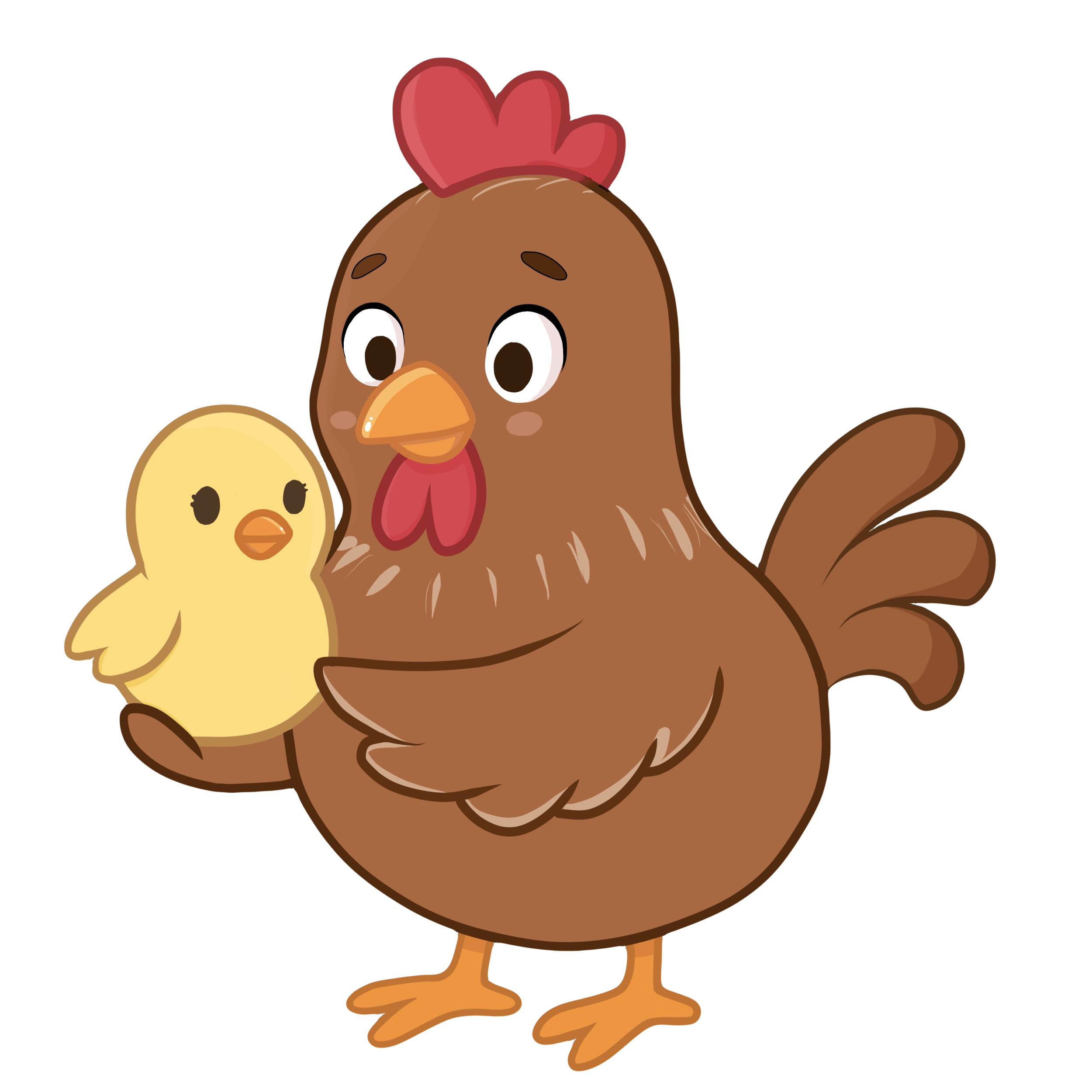 A cartoon mother hen holding a small yellow chick in her wing.