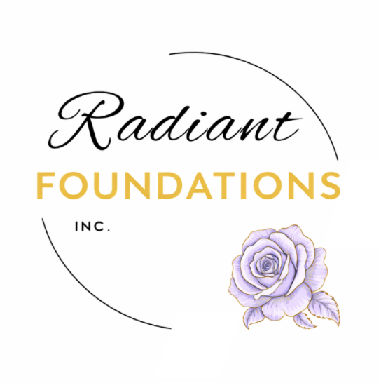Logo for Radiant Foundations Inc. featuring a purple rose beside the company name with black and gold text.