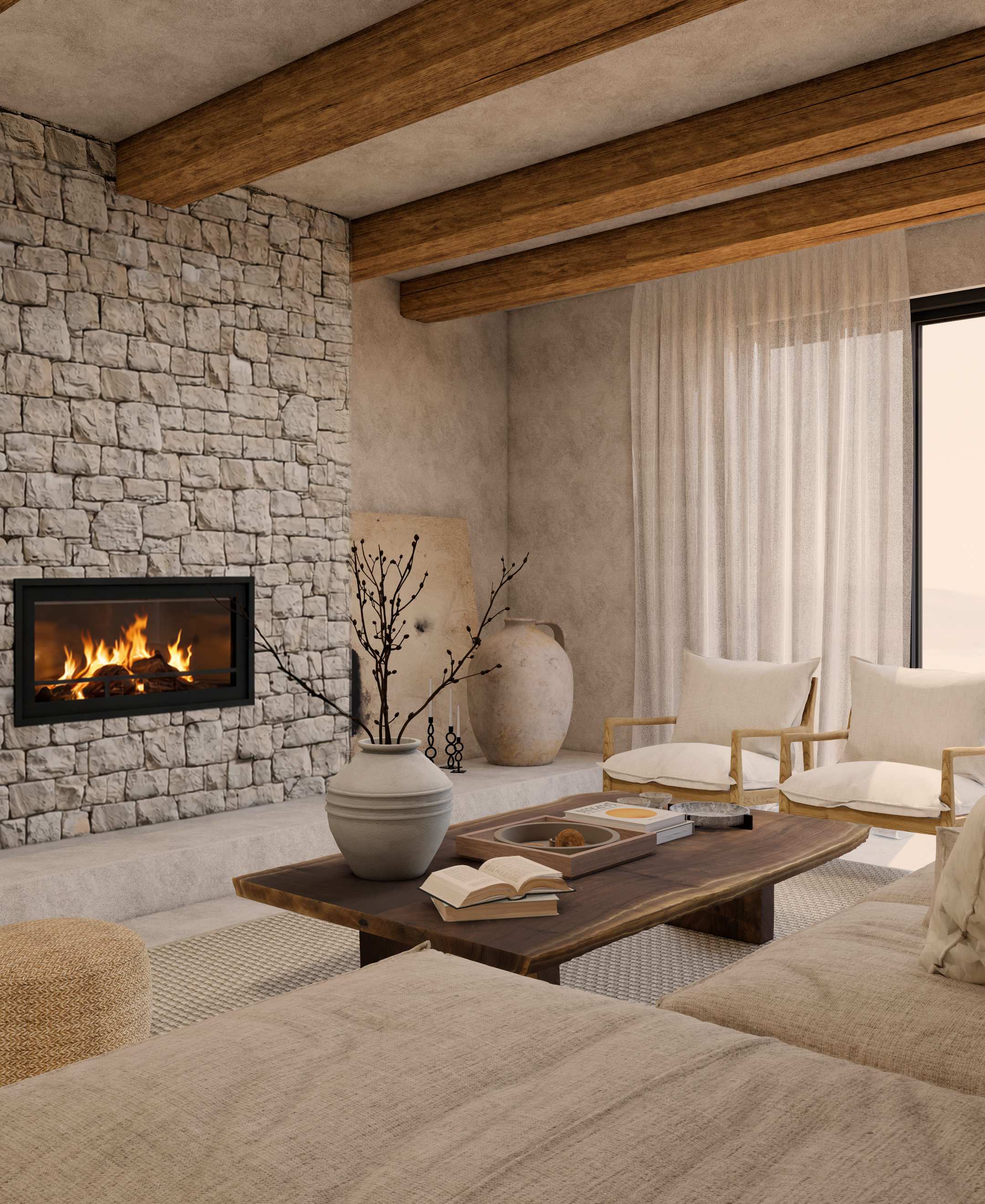 Modern living room with stone fireplace, beige curtains, wooden beams, beige sofas, and decorative pottery.