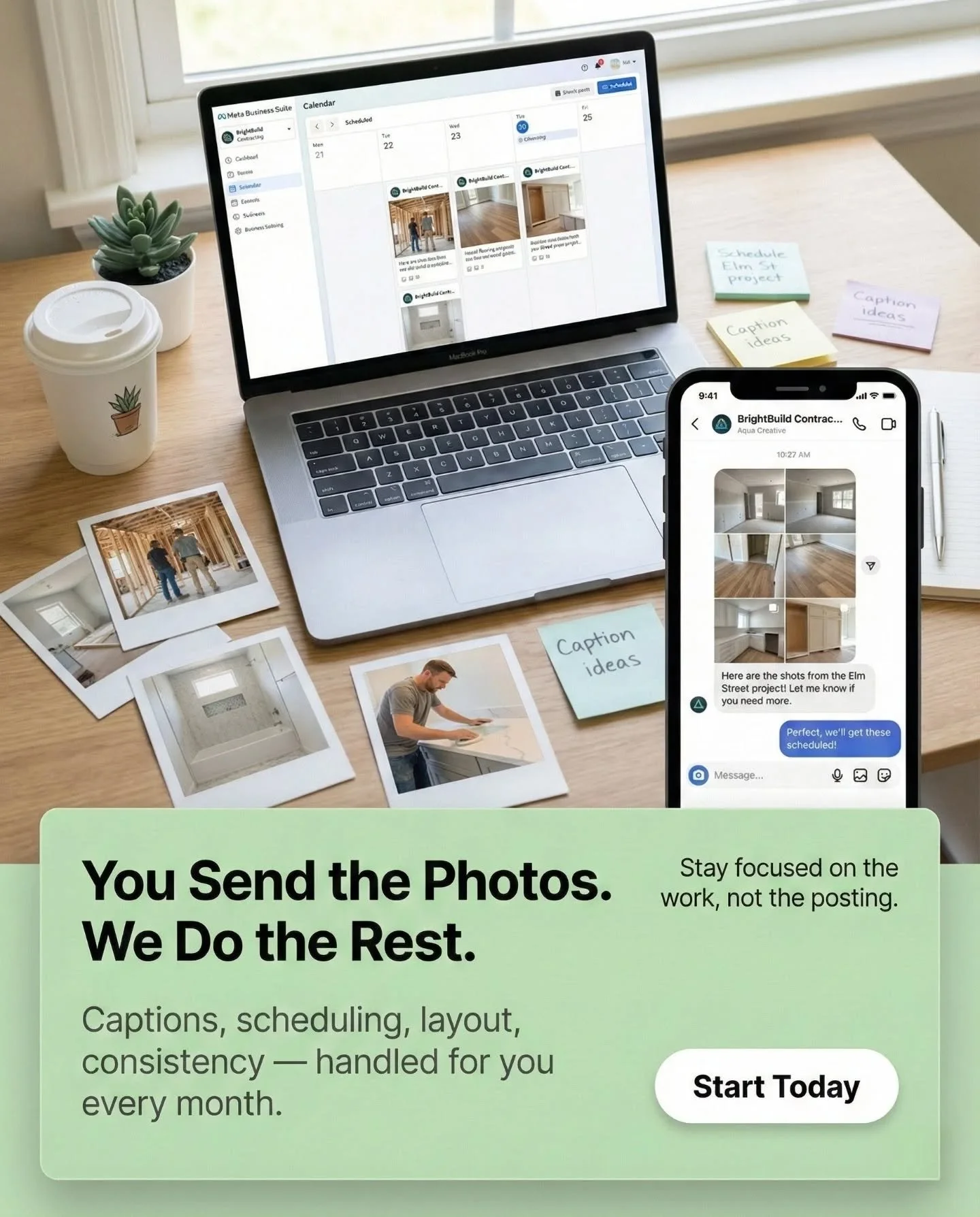 Running a business is enough work &mdash; posting on Instagram shouldn&rsquo;t be.
Send us your photos, videos, and job updates, and we turn them into clean, consistent, scheduled content every month.

Captions ✔
Scheduling ✔
Posting ✔
Brand alignmen