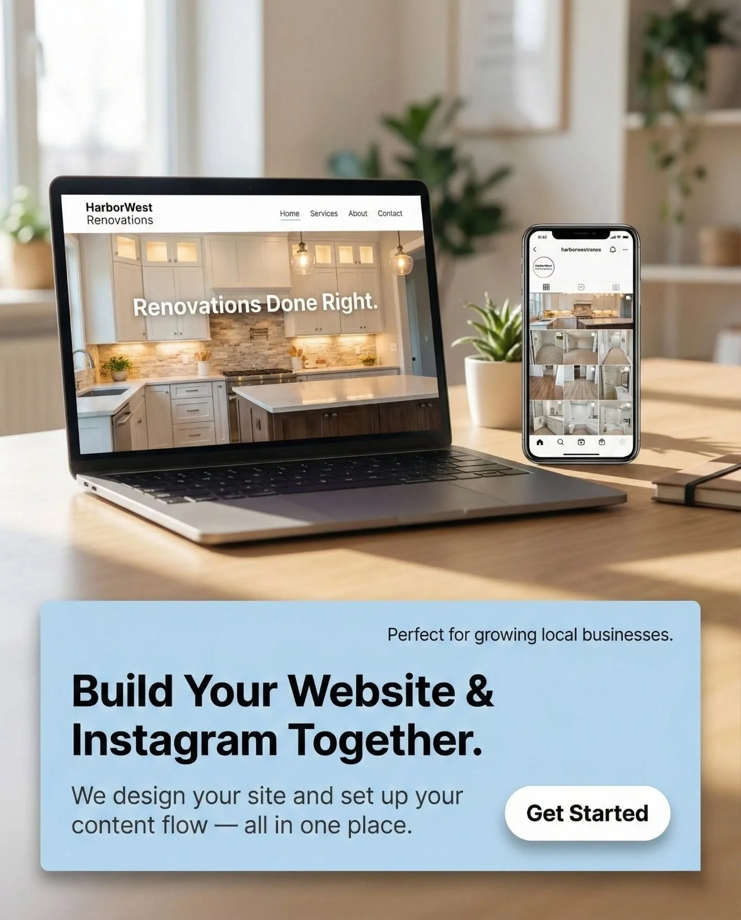 Your website and Instagram should work together &mdash; not feel like two separate worlds.
We design your site, set up your content flow, and connect everything so your brand looks consistent everywhere.

Perfect for growing local businesses ready to