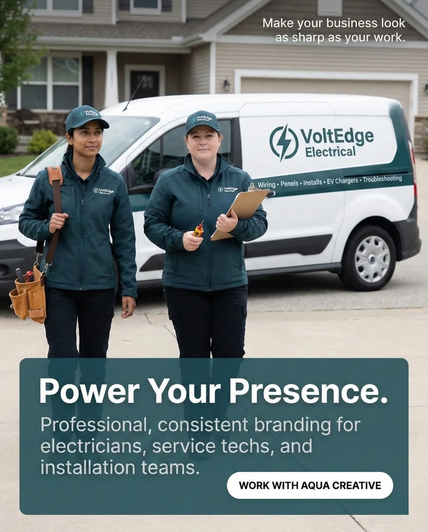 Consistency builds trust &mdash; and VoltEdge Electrical now shows up with a look as sharp as their work.
From uniforms to van decals, a unified brand can transform how clients see your business.
Ready to elevate your presence? Let&rsquo;s build some