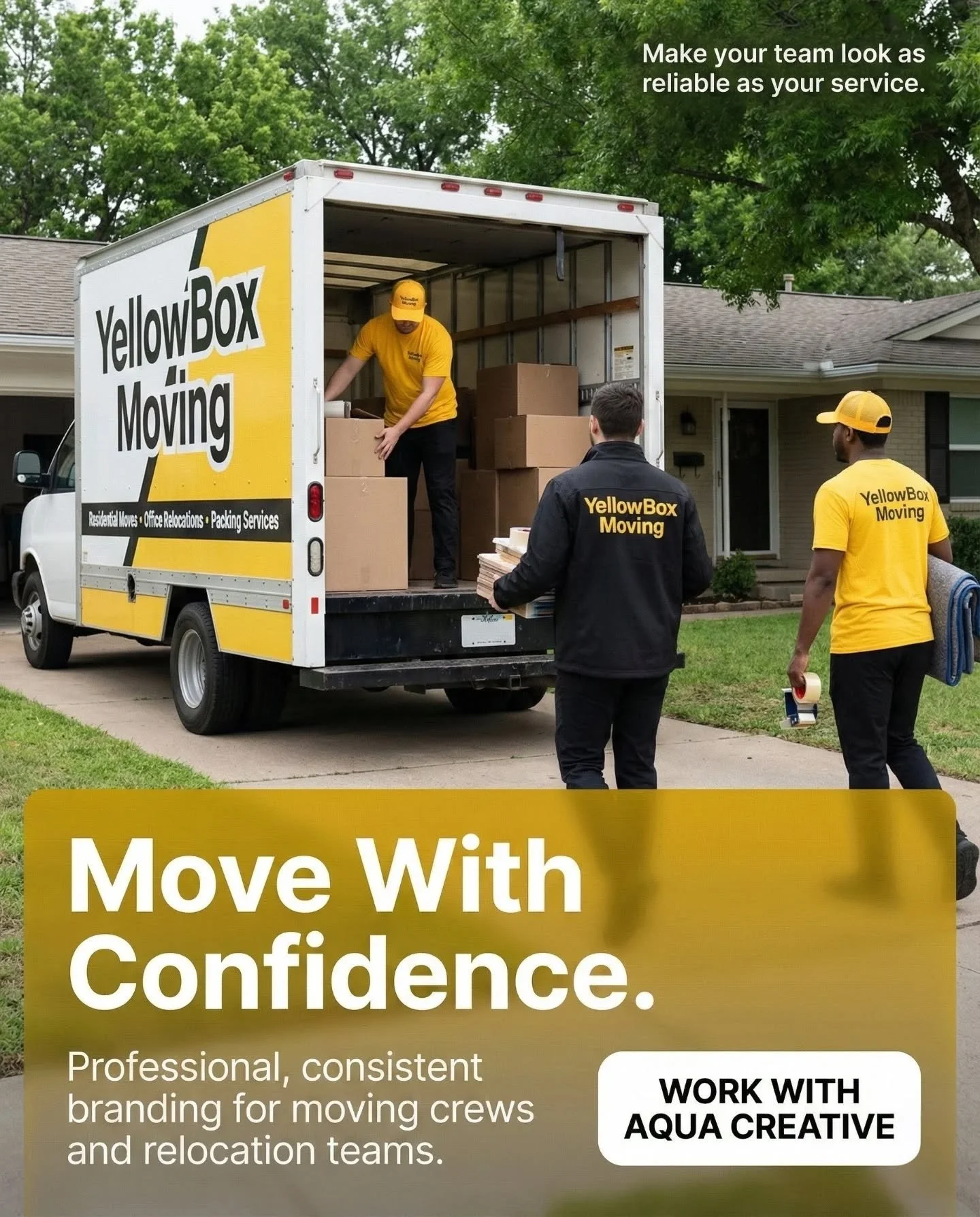 A clean, unified look makes any moving crew feel more reliable the moment they arrive.
For YellowBox Moving, we created a brand system that works across apparel, trucks, and every touchpoint.
Look organized. Look prepared. Look professional.