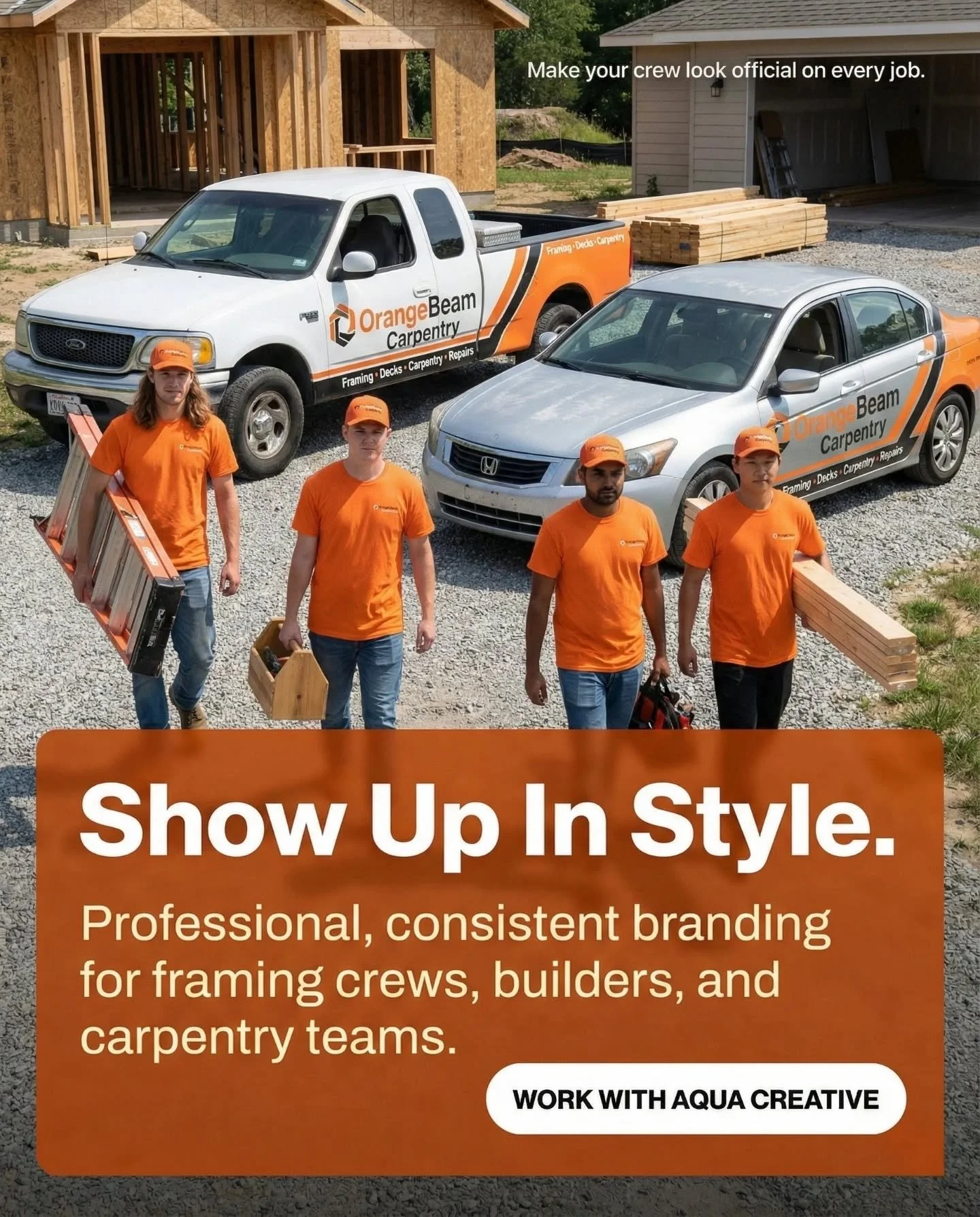 Strong crews deserve strong branding.
OrangeBeam Carpentry now delivers a consistent, professional presence on every job site &mdash; from shirts to trucks.
Brand like you build: solid, sharp, and dependable.