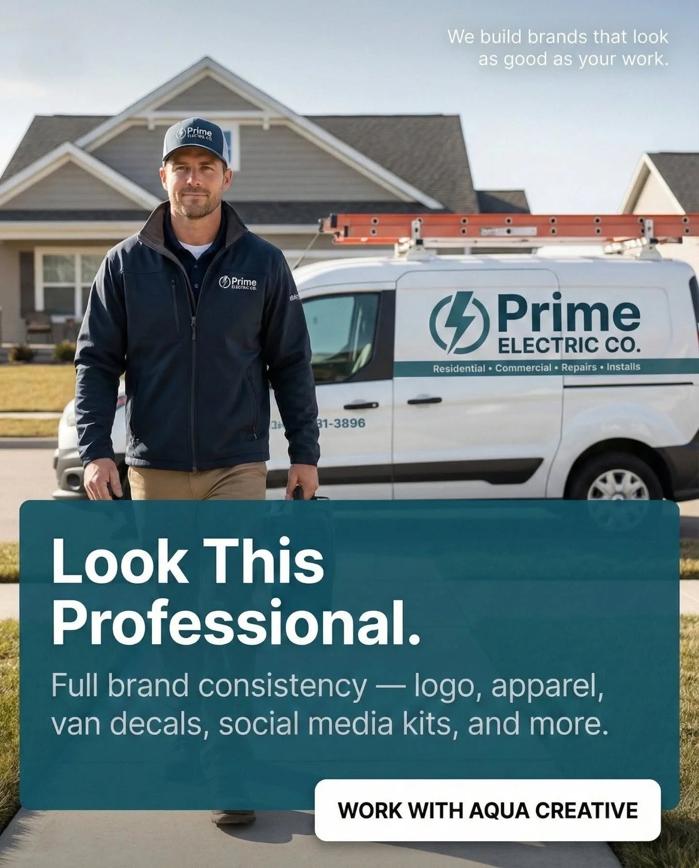 A branded presence makes any trades pro stand out.
Prime Electric Co. now arrives with a polished look across apparel, decals, and service visuals.
Clients notice professionalism before you even start the job.