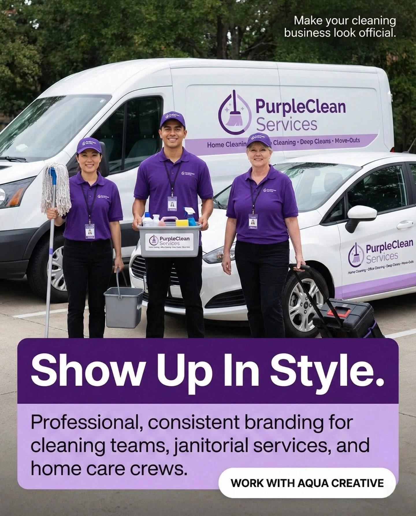 Clean crews deserve clean branding.
For PurpleClean Services, we built a uniform and vehicle system that instantly communicates trust and quality.
Because showing up well is half the job &mdash; the rest is your expertise.