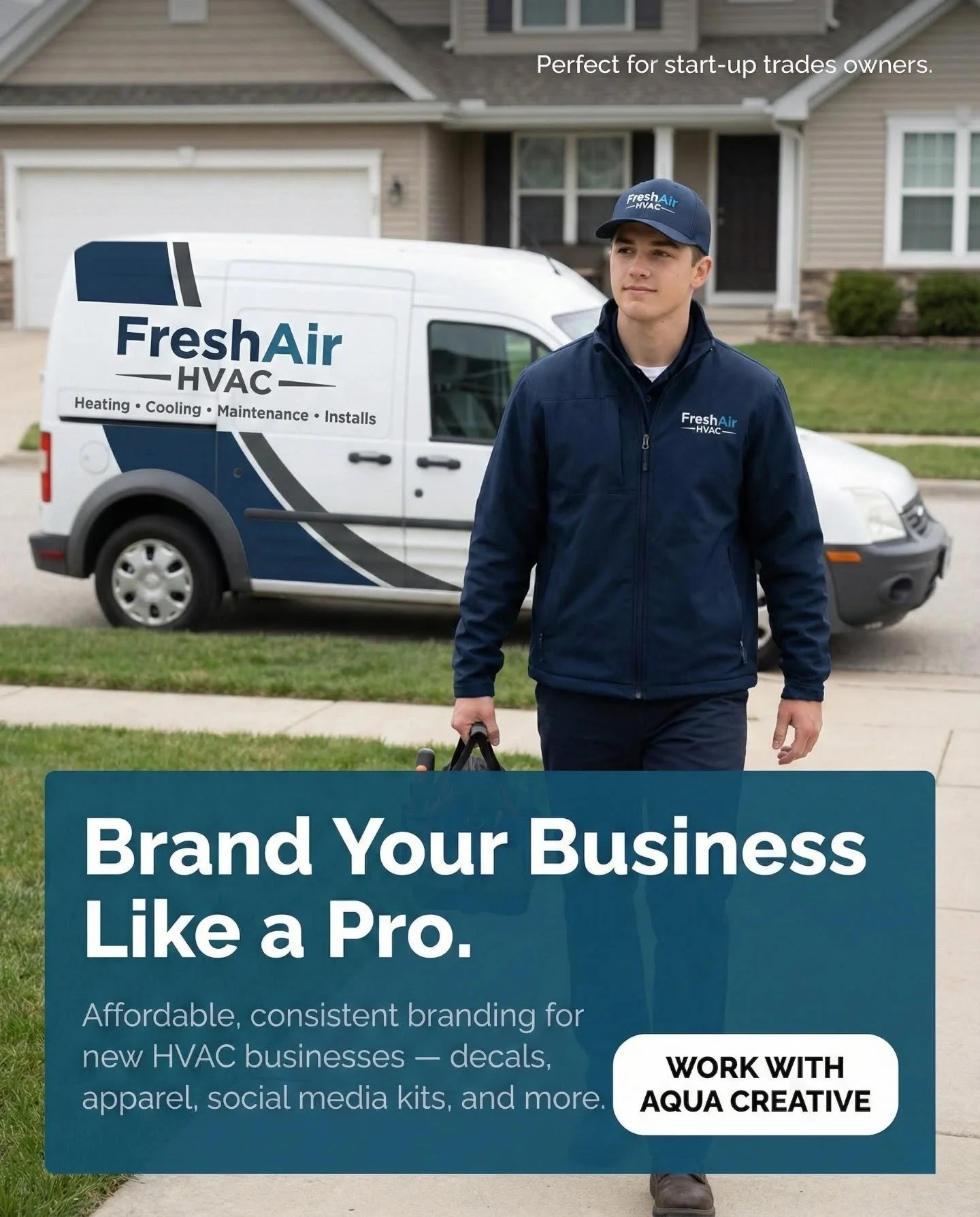 FreshAir HVAC is a perfect example of how even small, start-up trades teams can look official from day one.
Consistent branding on apparel and vehicles builds trust instantly.
Start strong. Show up professionally.