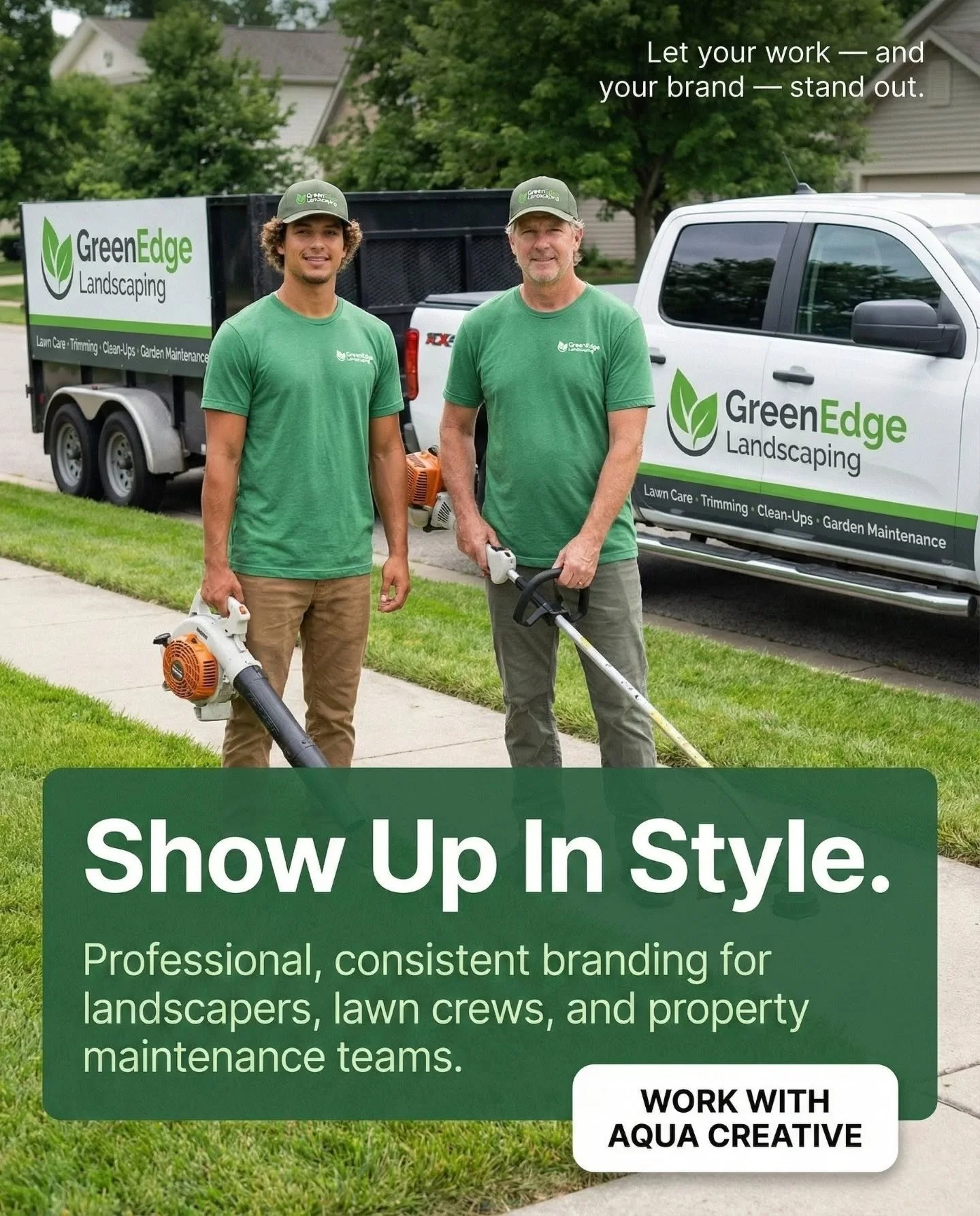 For landscaping teams, first impressions start in the driveway.
GreenEdge Landscaping now showcases a cohesive identity across shirts, vehicles, and equipment.
Let your work &mdash; and your brand &mdash; stand out.