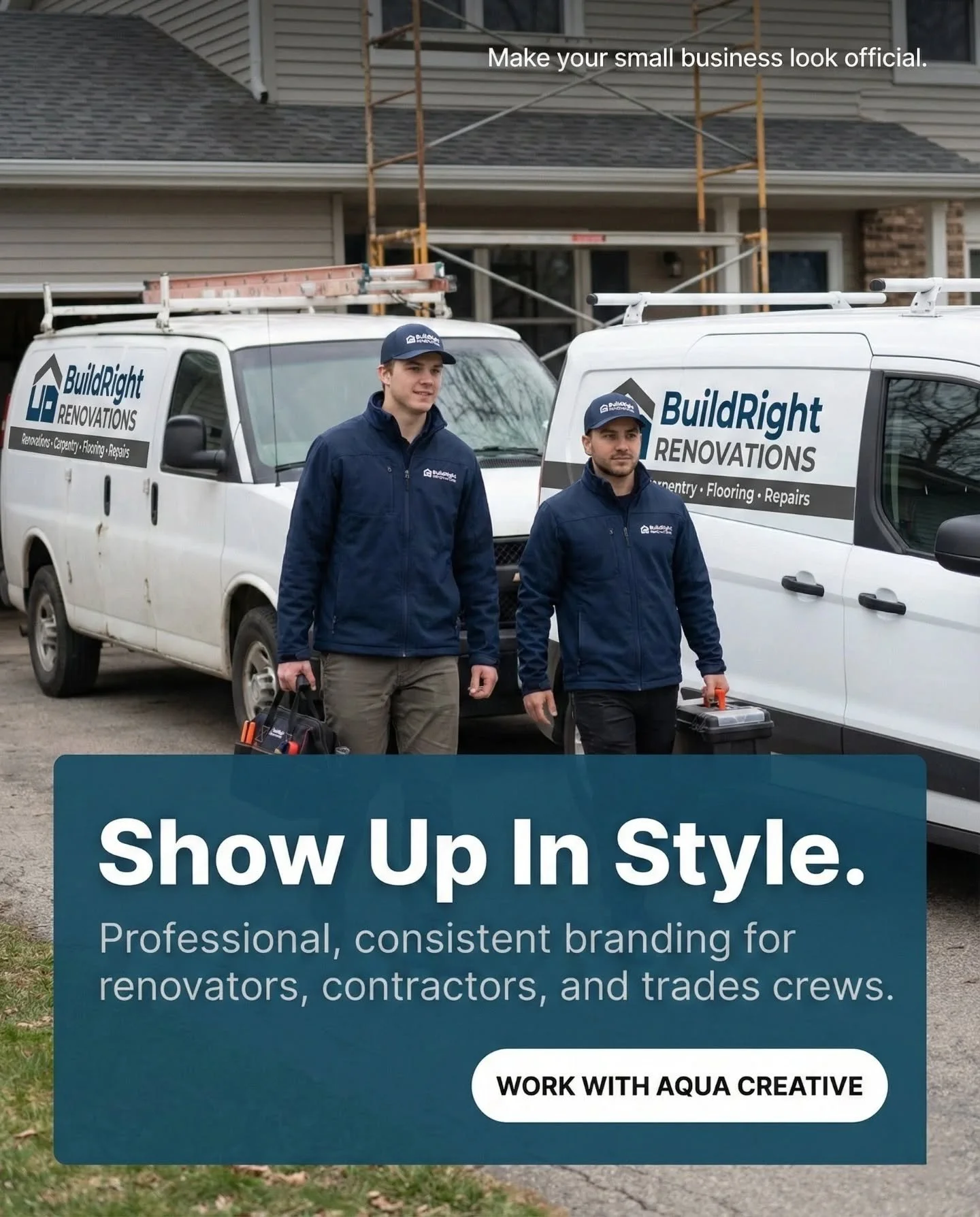 BuildRight Renovations needed a look that matched the quality of their work &mdash; we delivered.
Two vehicles, one visual identity, and a crew that shows up with confidence.
Brand your business like it&rsquo;s built to last.