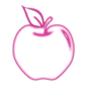 A simple, stylized drawing of an apple with a leaf on top, featuring pink and white coloring.