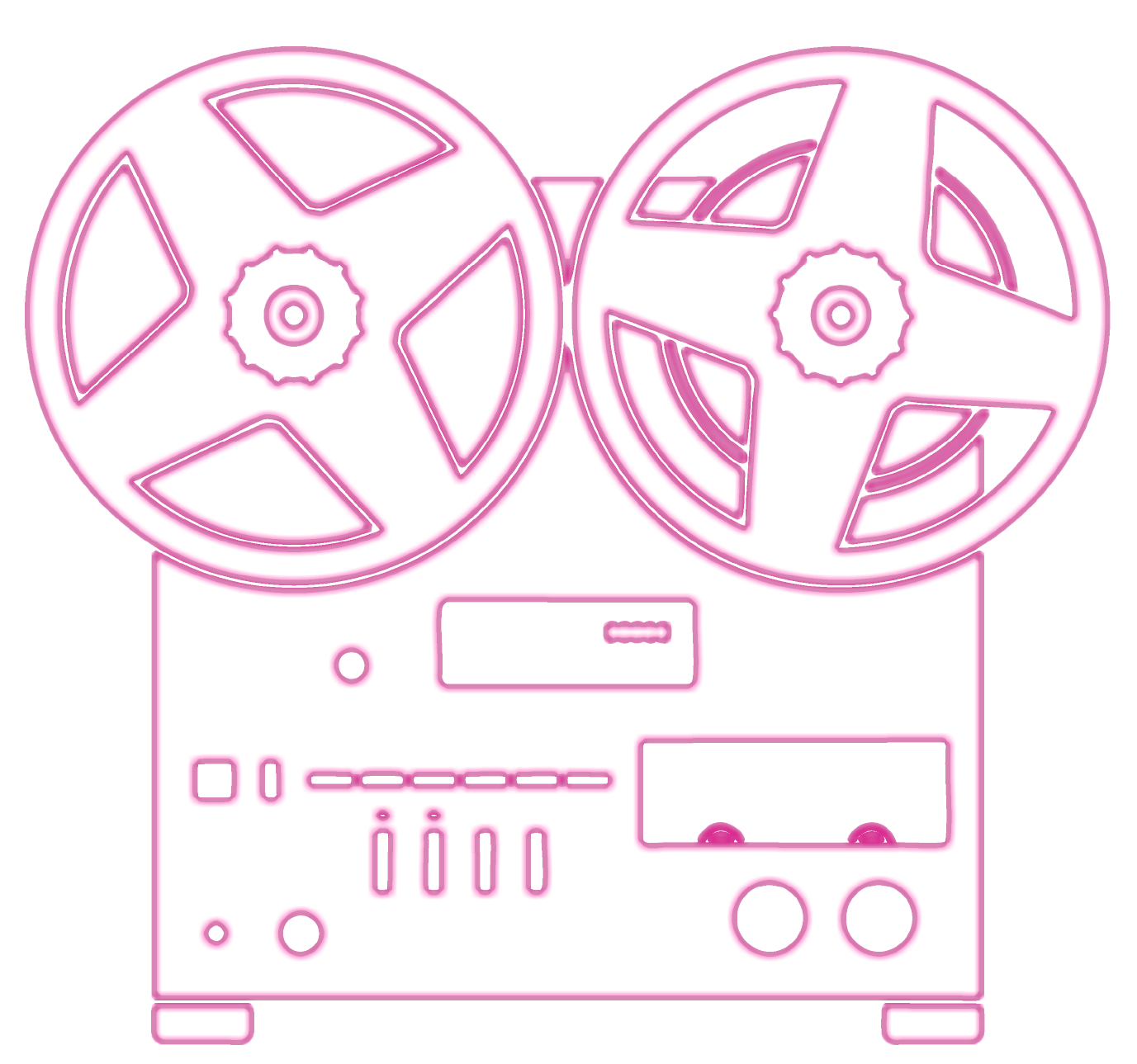 A pink vintage reel-to-reel tape recorder with two large spools of tape at the top and various control buttons and dials below.