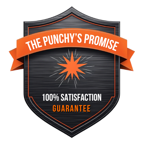 A shield-shaped badge with a black background and orange accents, featuring a central orange starburst, an orange banner with white text reading 'The Punchy's Promise,' and underneath, white and orange text stating '100% Satisfaction Guarantee.'