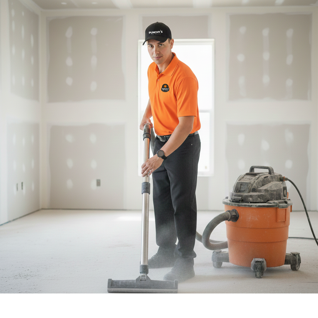 Person in orange shirt and gloves sweeping dust from a cream-colored carpet in a room with a window.