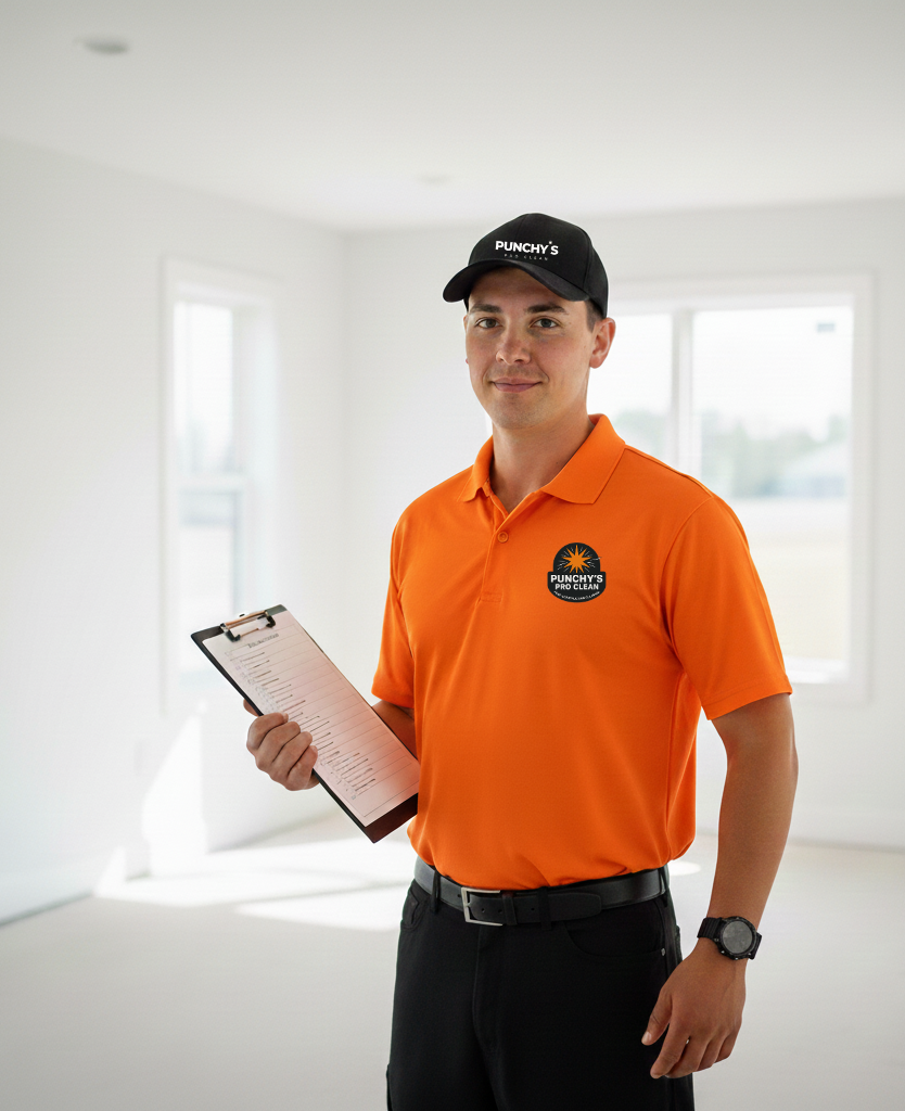 Circular logo with an orange explosion graphic in the center, surrounded by the text "PUNCHY'S PREMIUM PACKAGE 3-PHASE CLEAN" on a white background with a black outline, set against an orange backdrop.