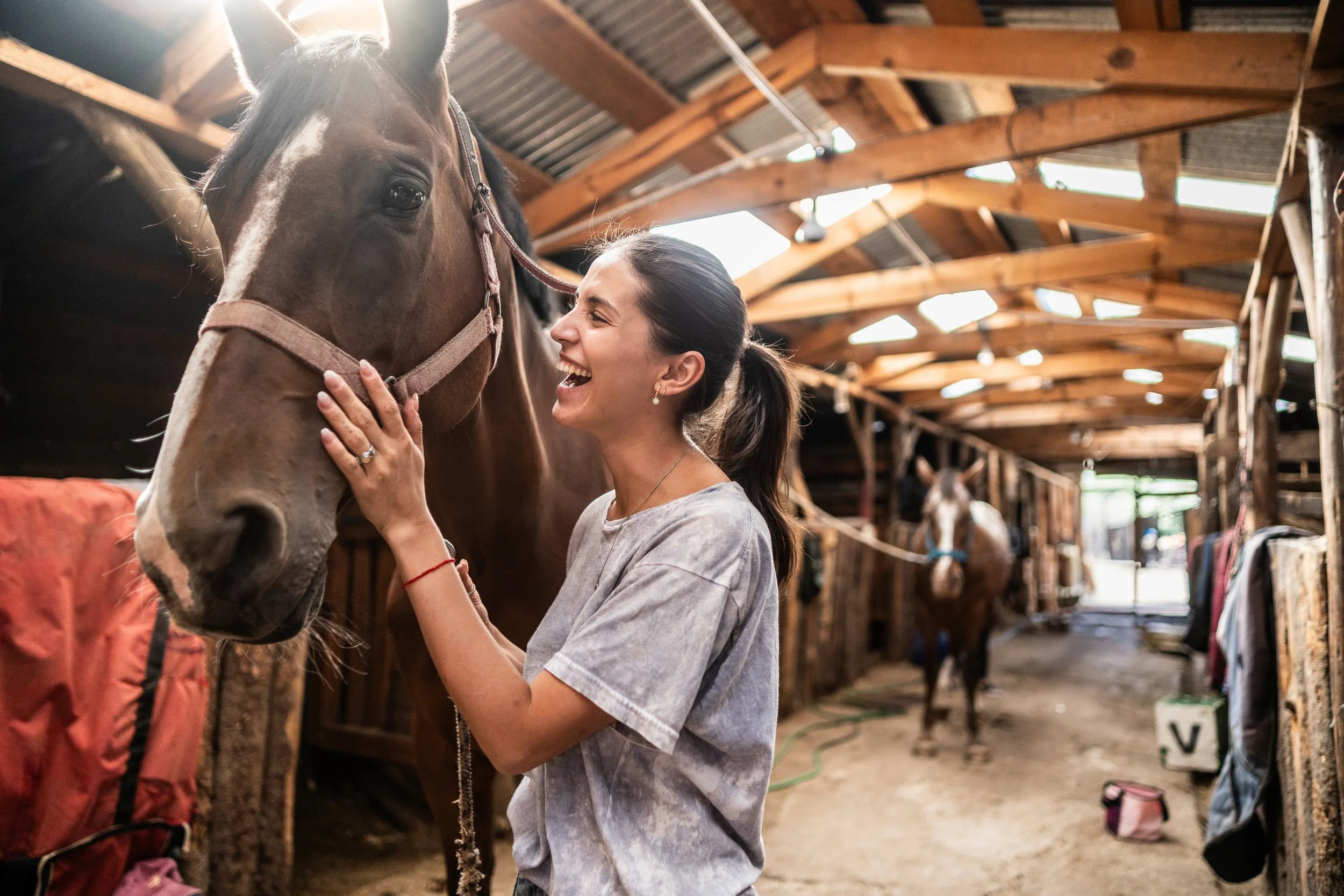 A woman in a gray t-shirt smiling and petting a brown horse inside a wooden stable.