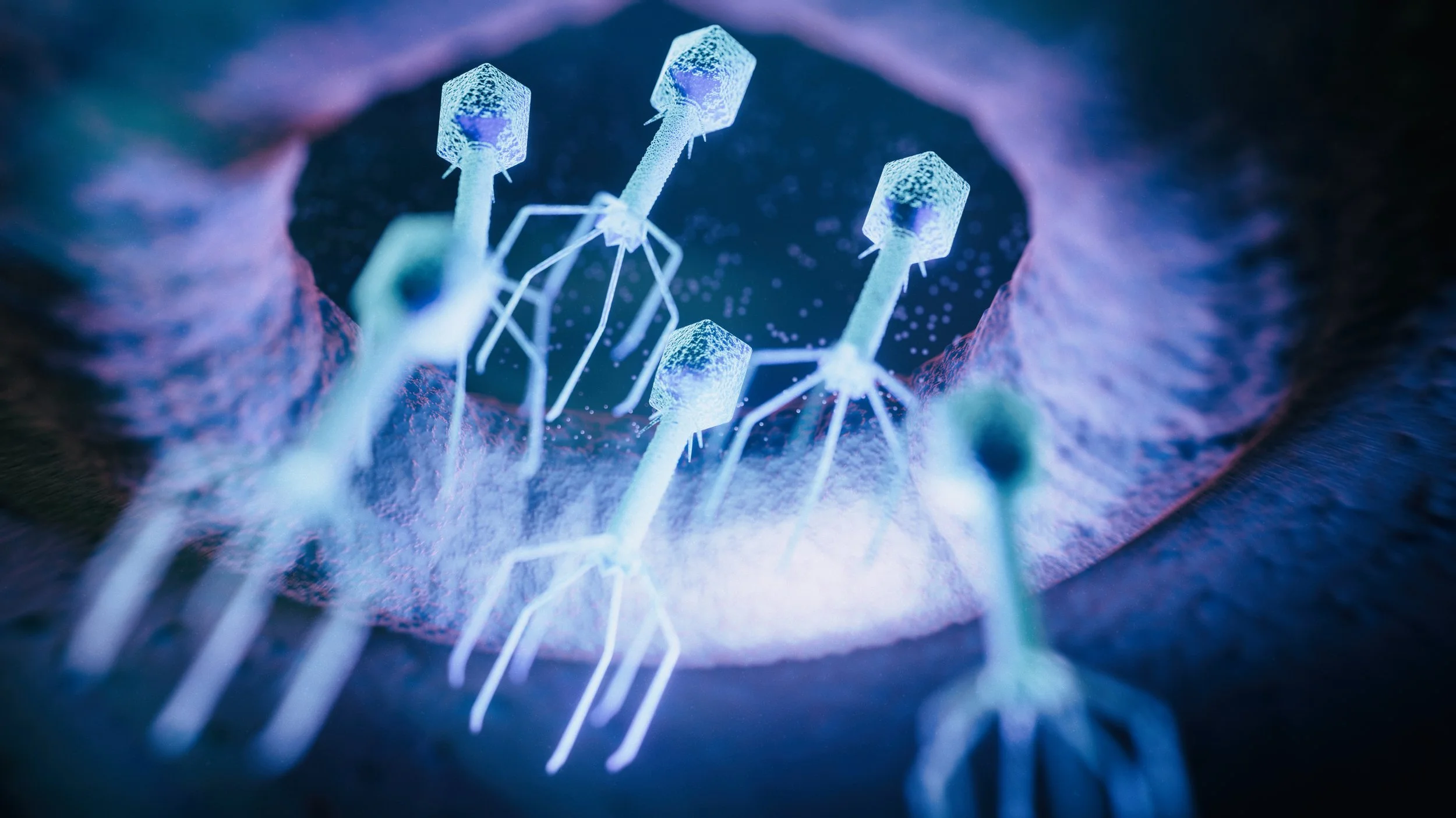 Microscopic view of a neural interface with neural probes inserted into a nerve or brain tissue, illuminated with blue and purple lighting.