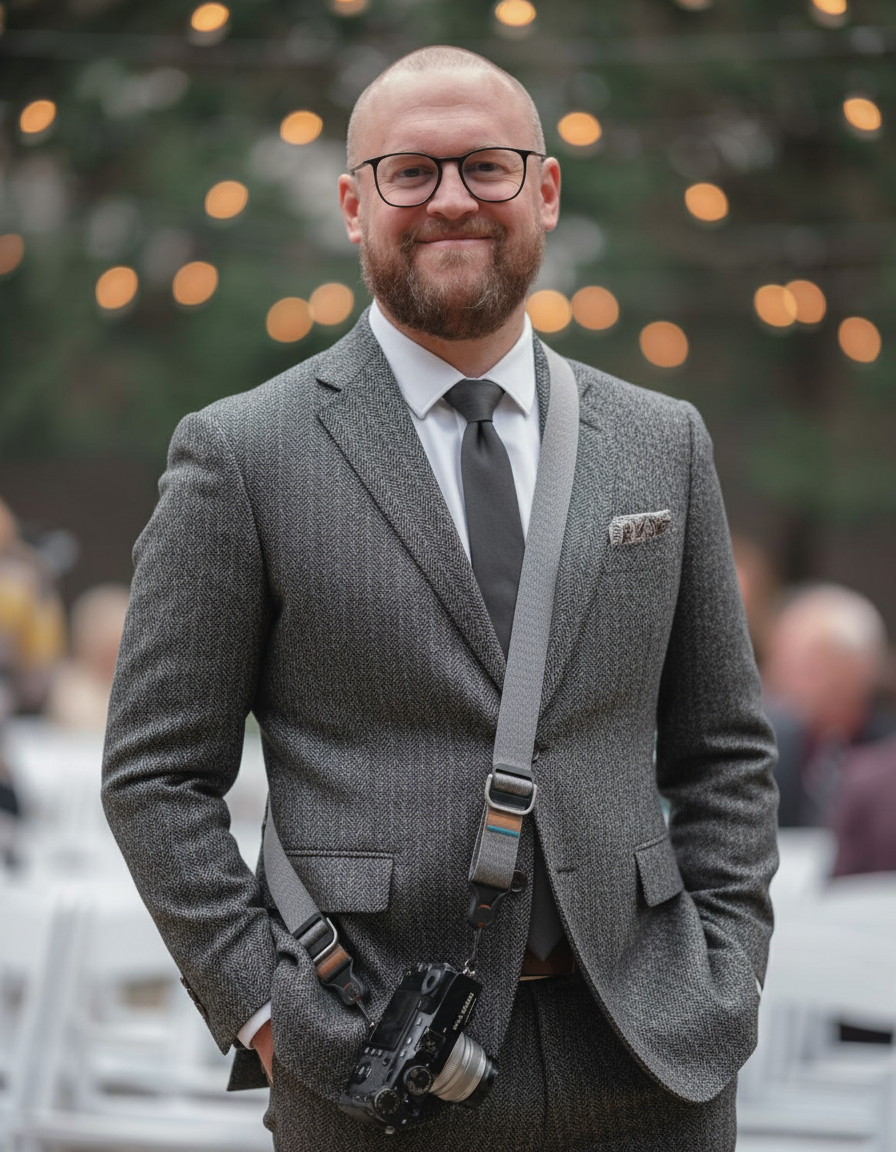 A smiling man with glasses and a beard in a gray suit with a camera hanging around his neck at an outdoor event.