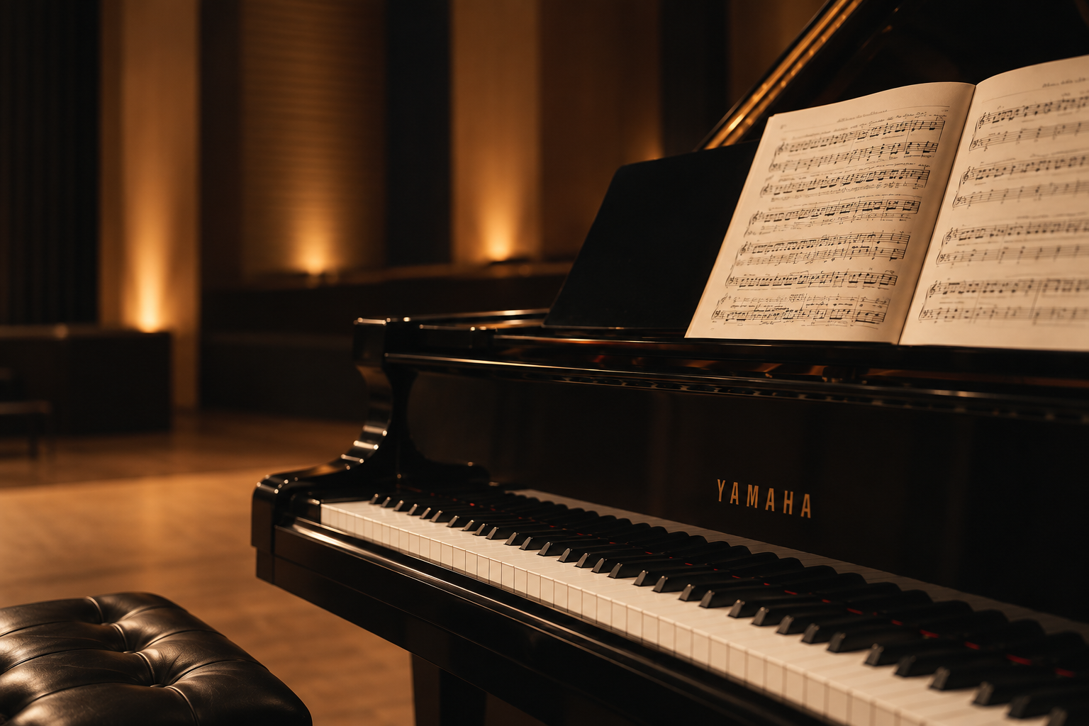 A black Yamaha grand piano in a dimly lit music room, with sheet music open on the music stand and a black leather piano bench nearby.