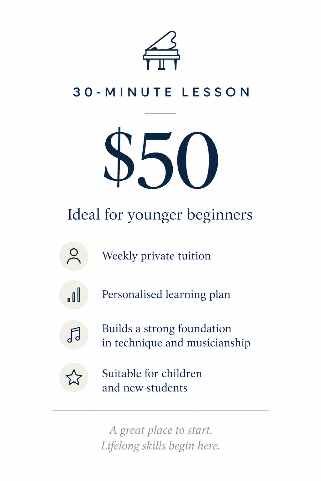 A promotional flyer advertising a 30-minute piano lesson for $50, ideal for younger beginners. The flyer highlights weekly private tuition, personalized learning plans, foundational skills in technique and musicianship, and suitability for children and new students. The flyer features a simple line drawing of a grand piano at the top and icons representing a person, chart, musical note, and star.