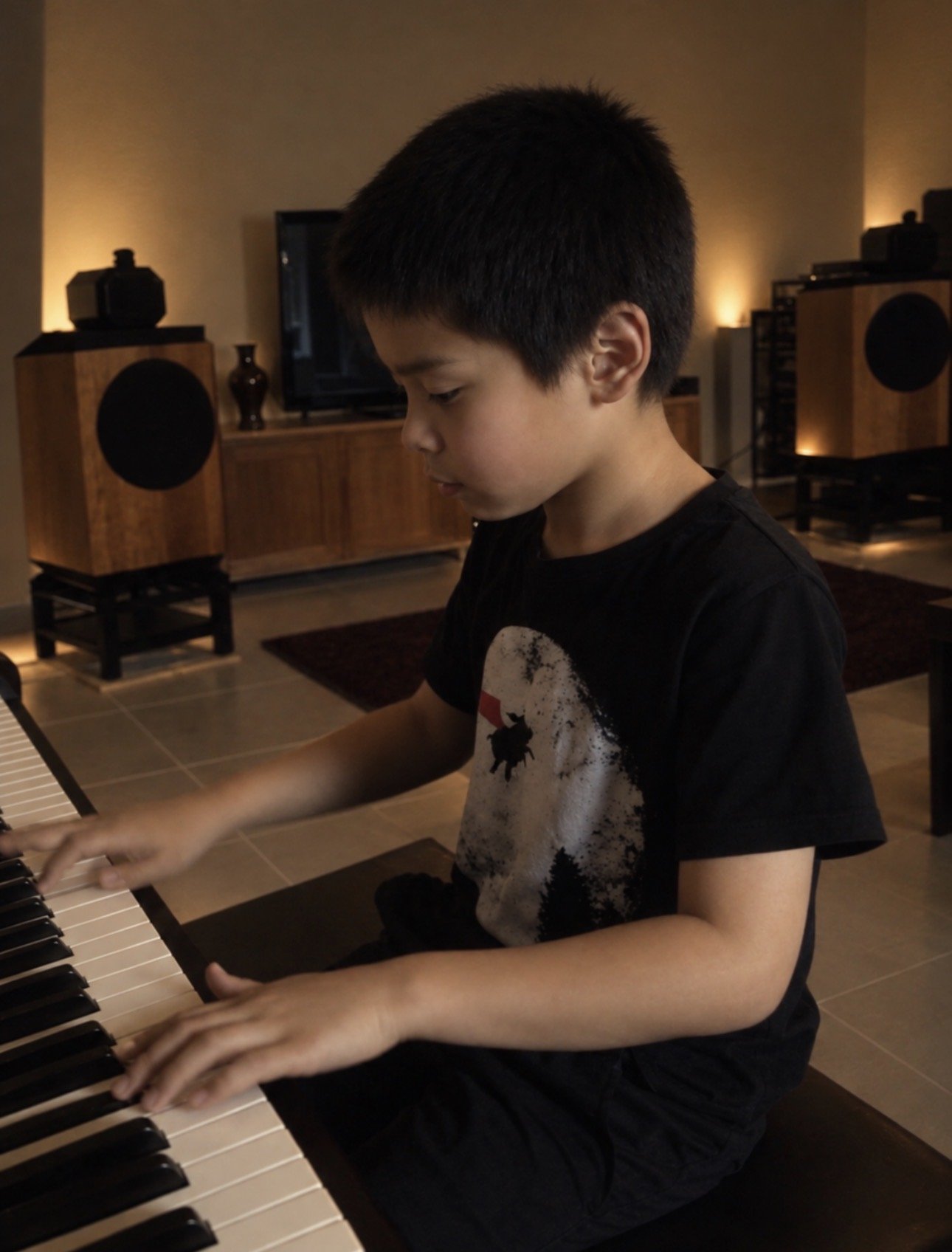A young boy playing the piano in a cozy room with warm lighting, wooden furniture, and speakers.